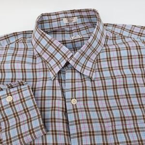 Peter Millar Extra Large Brown Blue Plaid Button Up Long Sleeve Dress Shirt Flaw